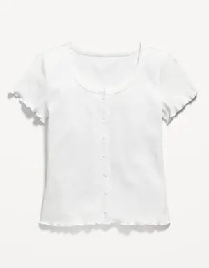 Rib-Knit Lettuce-Edge Button-Front T-Shirt for Girls white