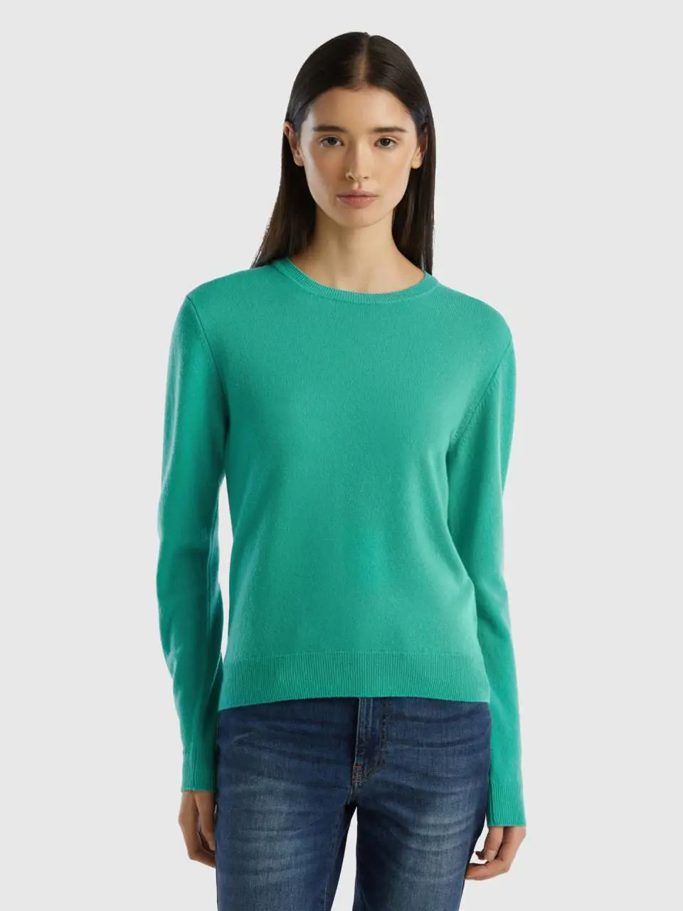 Benetton light green crew neck sweater in merino wool. 1