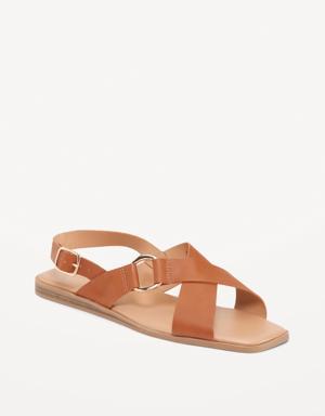 Faux-Leather Cross-Strap Buckled Sandals for Women brown