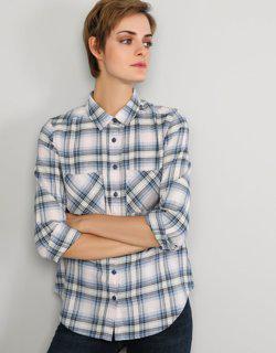 Kareli Cepli Slim Fit Kadın Mavi Uzun Kol Gömlek