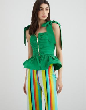 Green Taffeta Blouse With Front Zipper With Shoulder Closure Detail