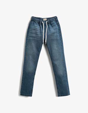 Kot Pantolon Rahat Kesim Beli Bağlamalı Pamuklu Cepli - Loose Jean