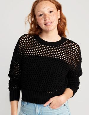 Open-Stitch Pullover Sweater for Women black