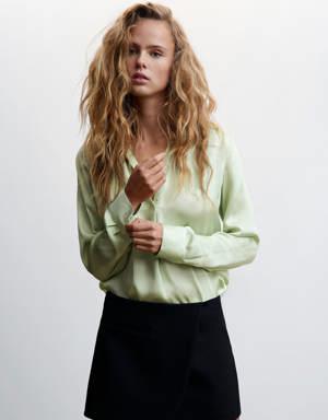 Mandarin-collar satin blouse
