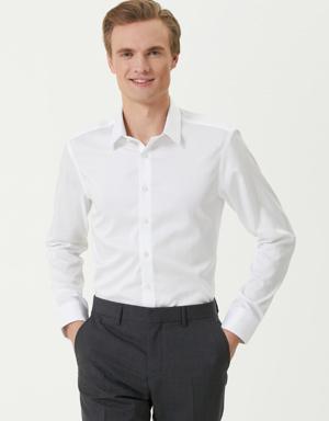 Slim Fit Beyaz Non-iron Stretch Saten Gömlek
