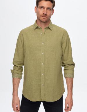 Damat Comfort Yeşil Keten Karışımlı Gömlek