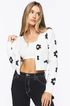 Forever 21 Forever 21 Floral Print Cardigan Sweater White/Black. 2