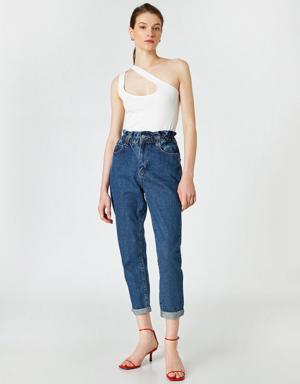 Beli Lastikli Yüksek Bel Kot Pantolon - Mom Jean
