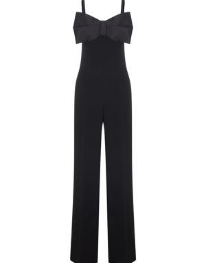 Satin Bow Detailed Black Crepe Jumpsuit