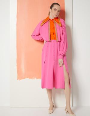 Two-Color Pink Shirt Dress With Embroidery Detail