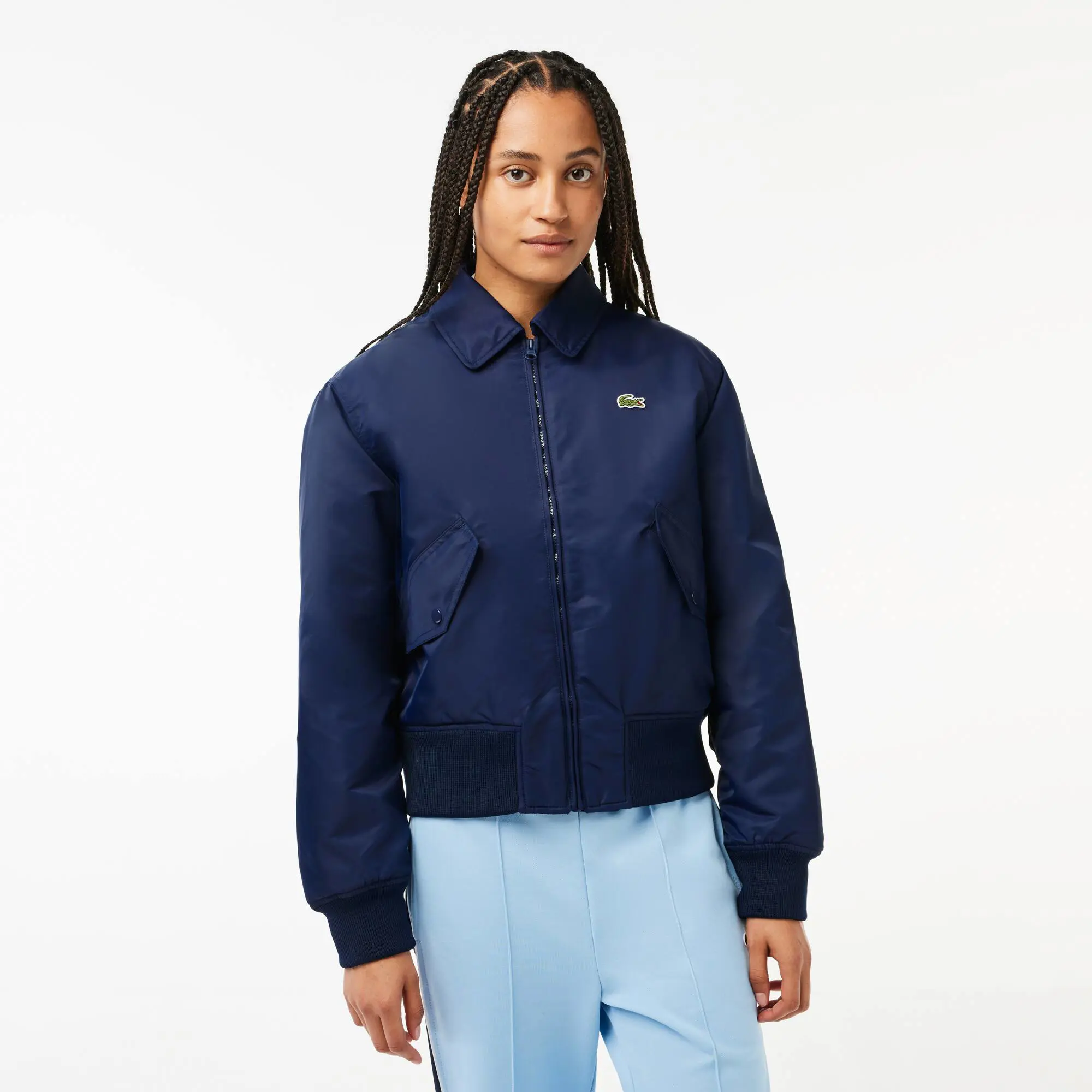 Lacoste Women's Oversized Logo Back Nylon Bomber Jacket. 1