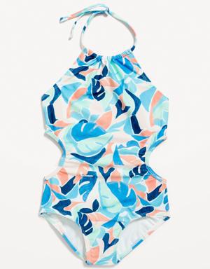 Printed Halter Side-Cutout One-Piece Swimsuit for Girls blue