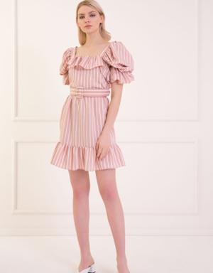 Striped Balloon Sleeve Belt Frilly Mini Dress