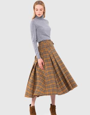 Pleat Detailed Contour Midi Length Plaid Wool Mustard Skirt
