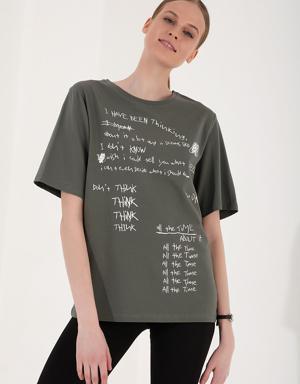 Çağla El Yazısı Baskılı O Yaka Kadın Oversize T-Shirt - 97137