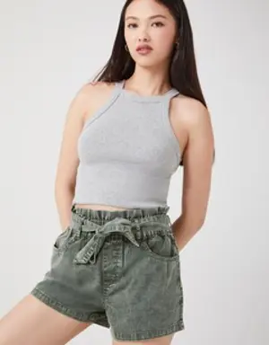 Forever 21 Tie Waist Twill Paperbag Shorts Olive