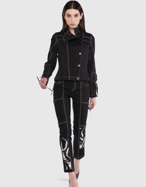 With Embroidery Detail On The Sleeves Black Jean Coat
