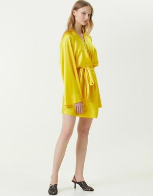 Sarı Derin V Yaka Mini İpek Kokteyl Elbise