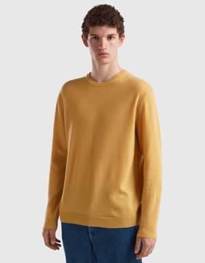 ocher yellow crew neck sweater in pure merino wool
