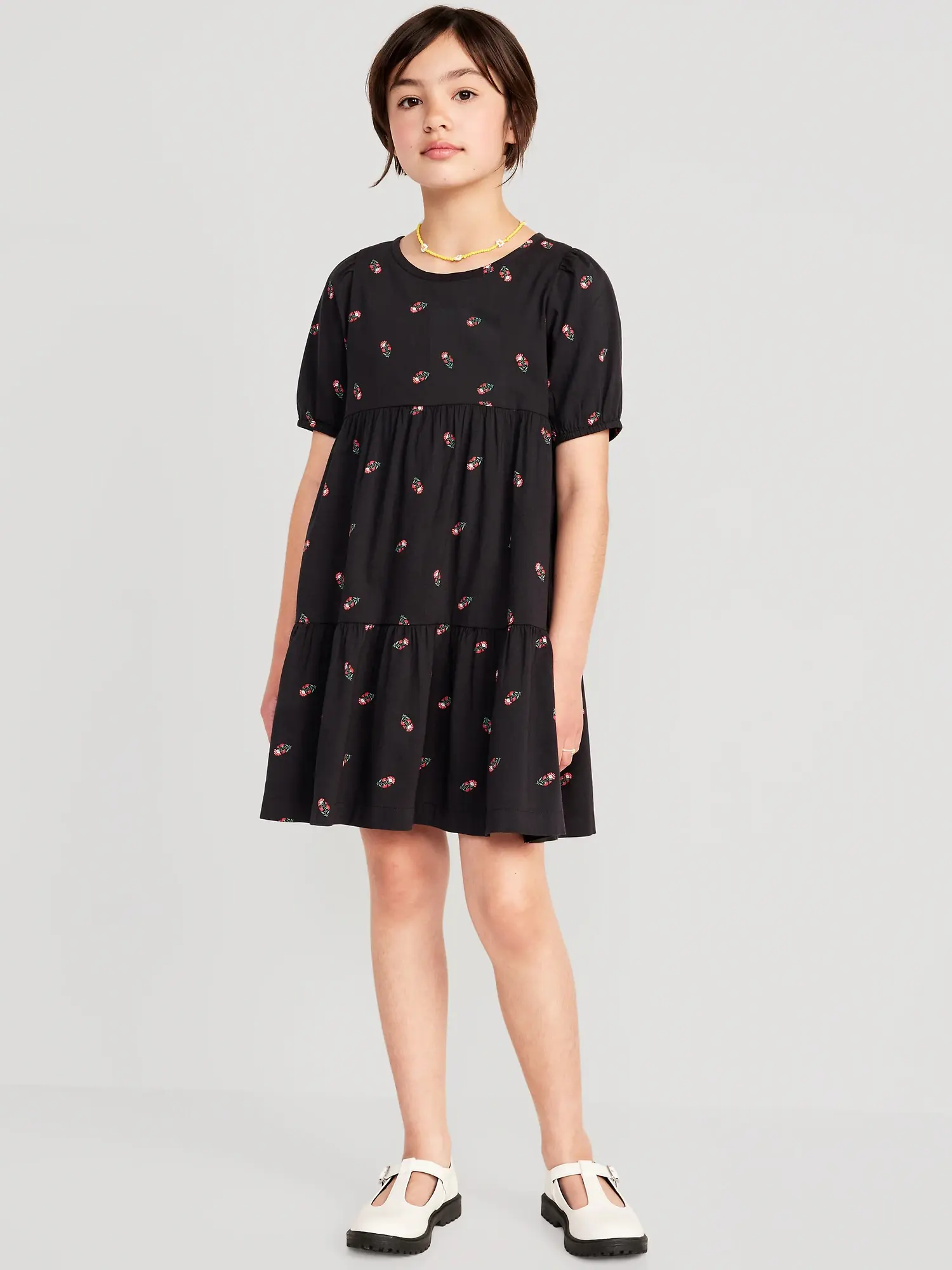 Old Navy Puff-Sleeve Printed Swing Dress for Girls black. 1