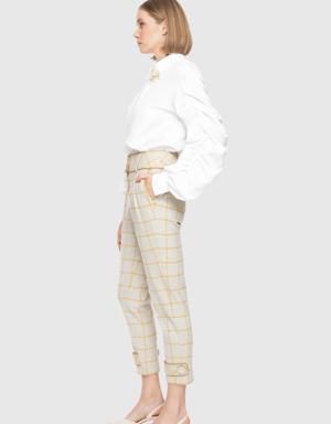High Waist Leather Piping Detail Plaid Jogger Pants