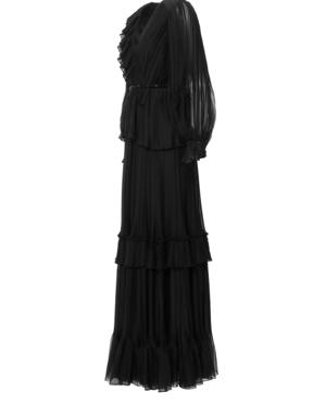 Long Black Dress with Pleated V-Neck
