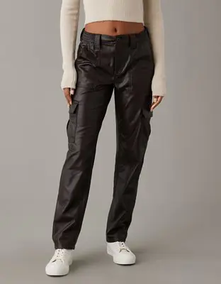American Eagle Stretch High-Waisted Vegan Leather Straight Cargo Pant. 1