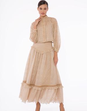 Stripe And Ruffle Detailed, Embroidered Tulle Long Beige Skirt