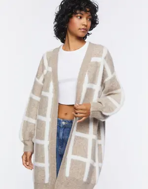 Forever 21 Longline Grid Cardigan Sweater Taupe/Cream