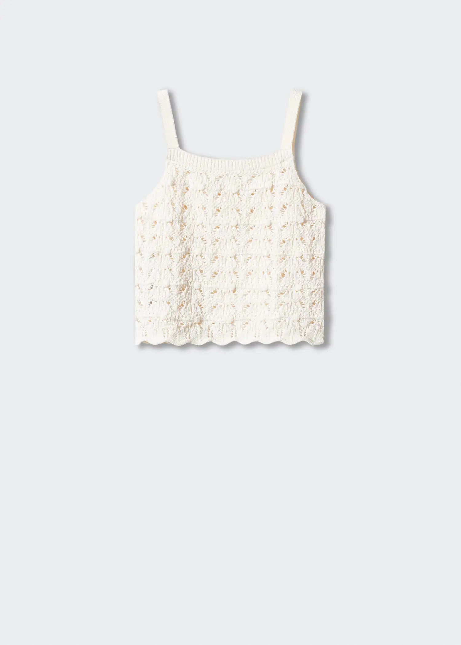 Mango Crochet top. a white tank top is shown on a white background. 