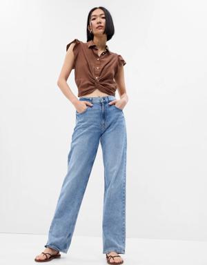 Linen-Blend Cropped Twist-Front Shirt brown