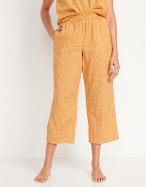 High-Waisted Floral-Print Cropped Smocked Wide-Leg Pajama Pants for Women yellow