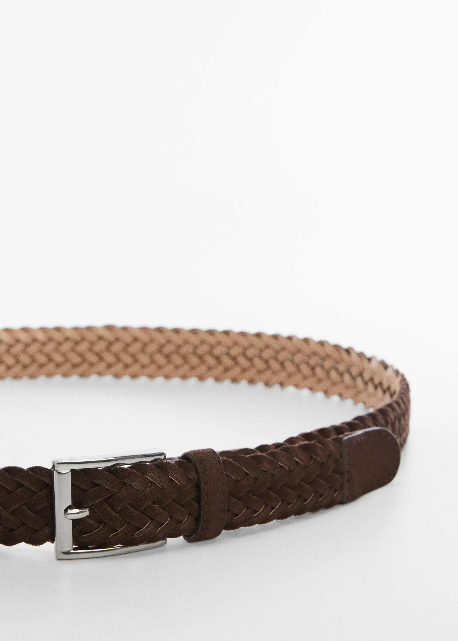 Mango Braided suede belt. a close-up of a brown leather belt. 