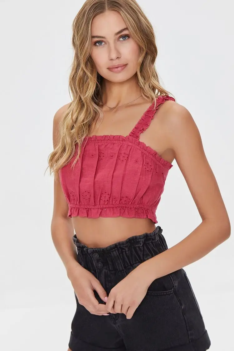 Forever 21 Forever 21 Eyelet Floral Ruffled Crop Top Peony. 1