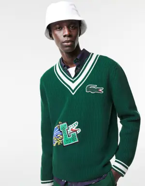 Lacoste Men's Lacoste Holiday Comic Badge Striped V-Neck Sweater