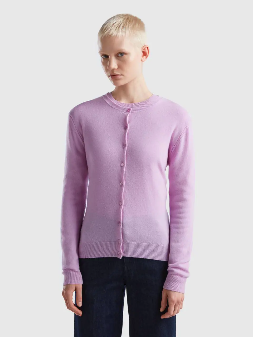 Benetton lilac crew neck cardigan in pure merino wool. 1