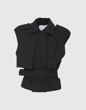 Belted Low Shoulder Form Black Vest