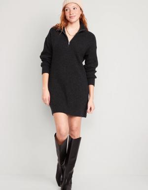 Mock-Neck Quarter-Zip Mini Sweater Shift Dress for Women gray