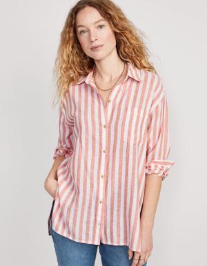 Old Navy Oversized Striped Linen-Blend Boyfriend Shirt for Women pink