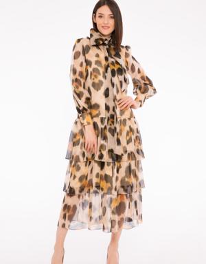 Lace-up Detailed Leopard Print Chiffon Ankle-Length Dress