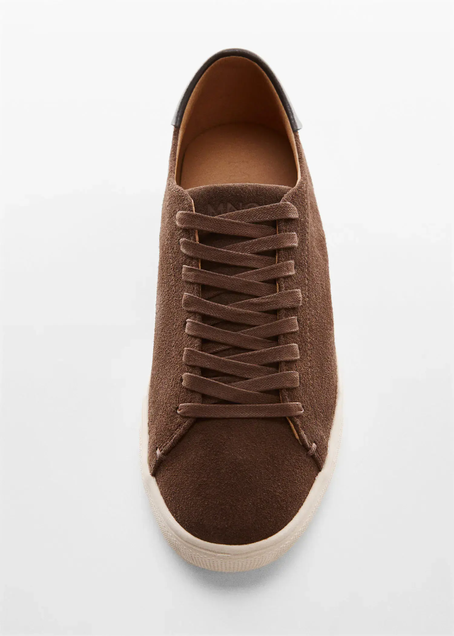 Mango Laces suede sneaker. a pair of brown shoes on a white surface. 