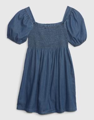 Kids Smocked Puff Sleeve Denim Dress with Washwell blue