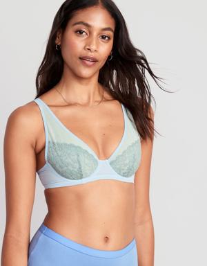 Lace-Paneled Mesh Underwire Plunge Bra for Women blue