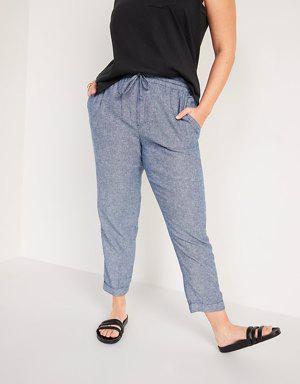 High-Waisted Linen-Blend Straight Cropped Pants for Women blue