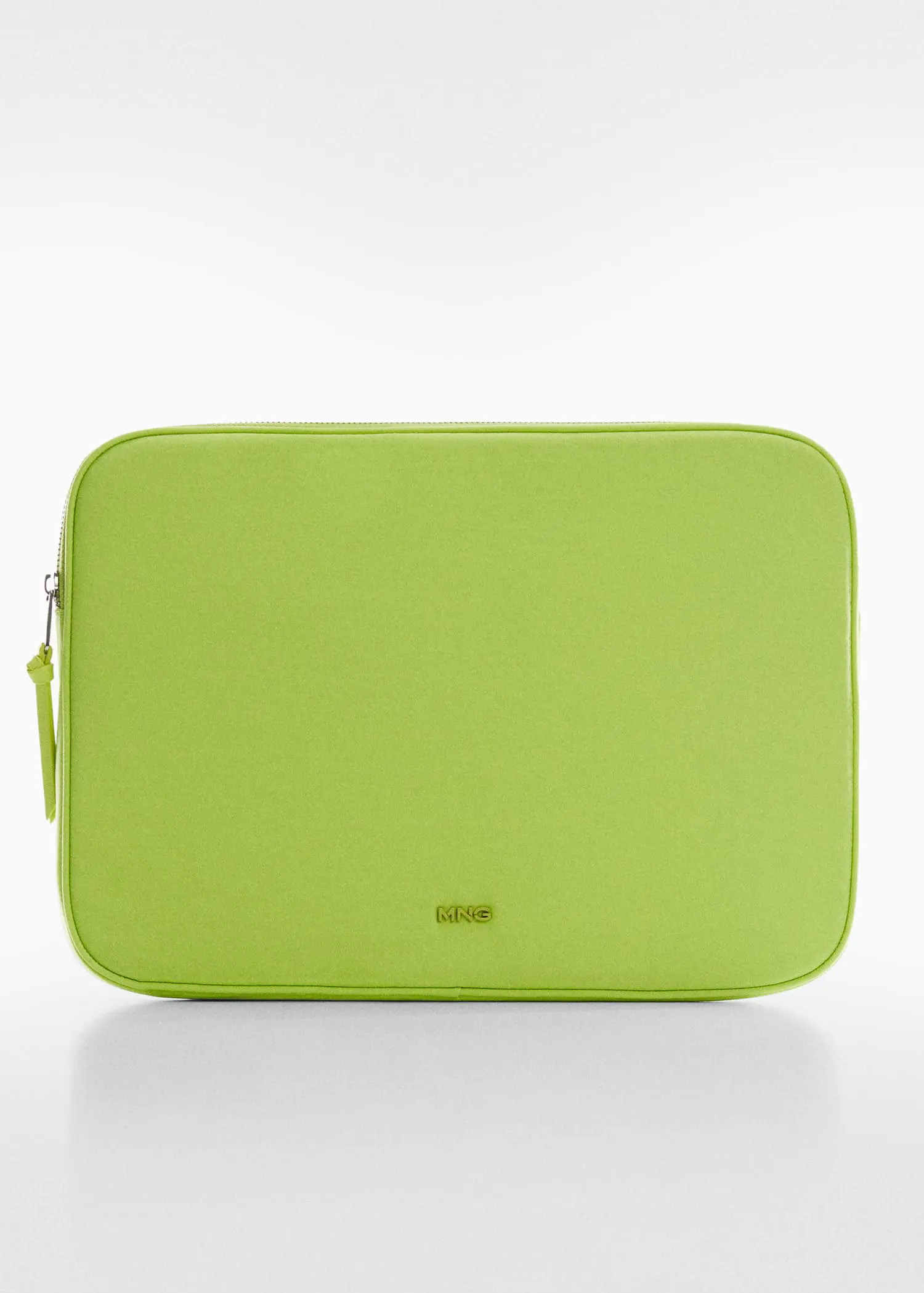 Mango Double-compartment laptop case. a lime green case sitting on top of a white table. 