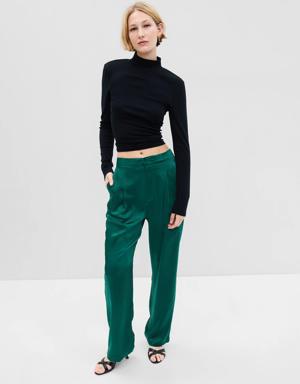 High Rise Pleated Satin Trousers green