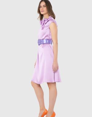 Belted Collar Detailed Purple Dress