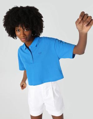 Regular Fit Polo Yaka Mavi Kadın Kısa Kol Tişört