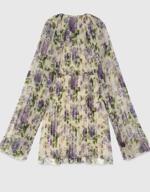Floral print silk pleated dress
