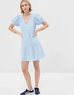 Gap Crinkle Gauze Puff Sleeve Tiered Mini Dress blue